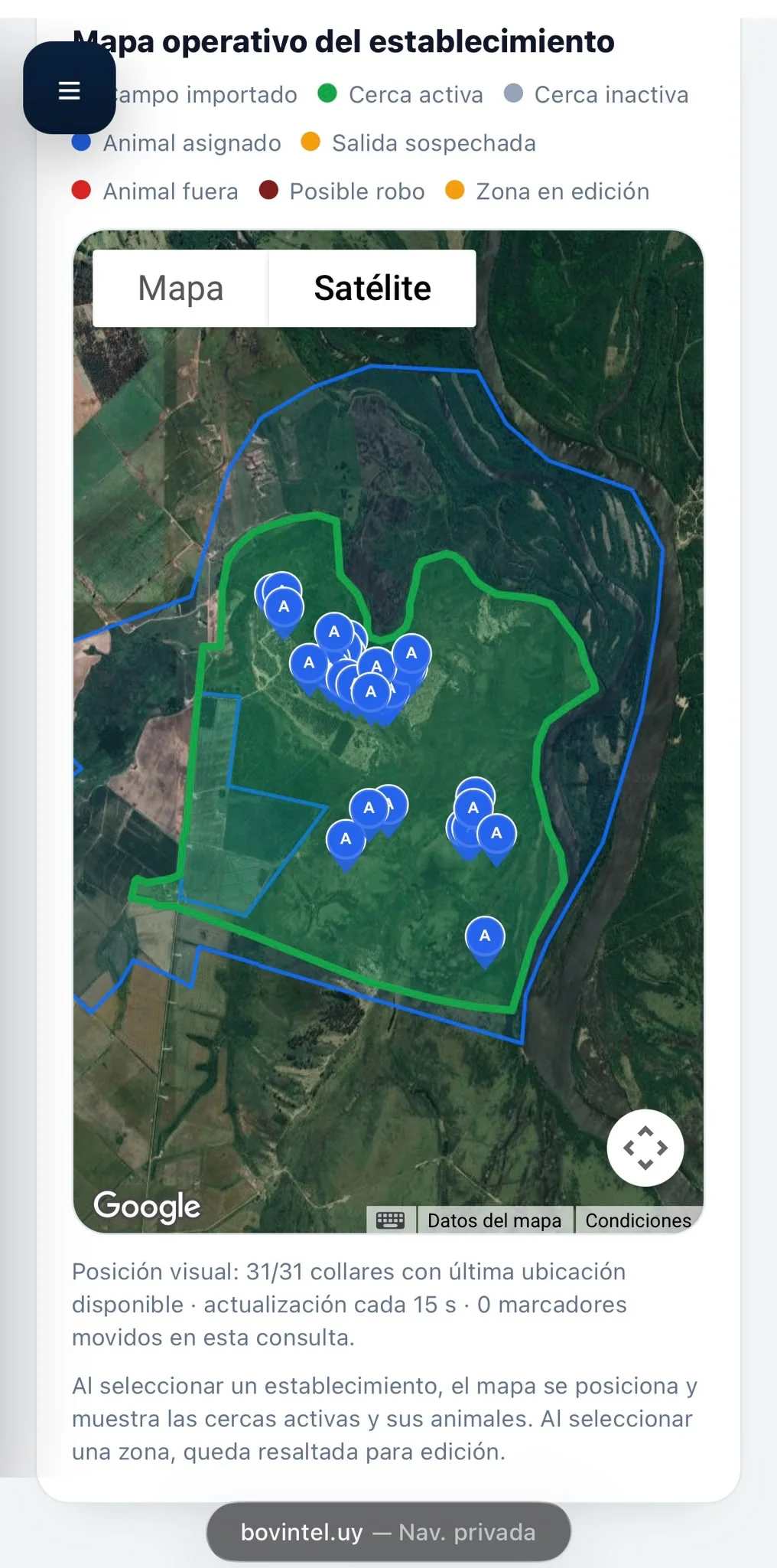 Captura real del mapa operativo Bovintel mostrando cercas y animales geolocalizados